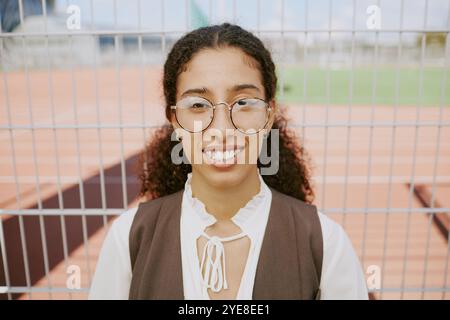 Medium close up portrait of young female teacher smiling widely while posing for photo next to stadium Stock Photo