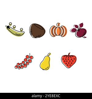 Line icons set on white background. Collection of healthy and organic food - fruits, berries, vegetables, nut, legumes. Stock Vector