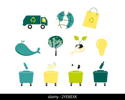 Set of recycling items included garbage truck, paper bag, tree, plant, bulb, trash cans, whale as ocean dweller. Stock Vector