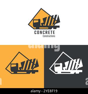 Concrete mixer truck on white, orange and black backgrounds. Modern logotype for construction company or marketing purpose. Stock Vector