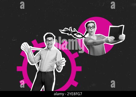 Composite trend artwork sketch image collage of silhouette young man lady student geek wow read book service mechanism teamwork cogwheel Stock Photo