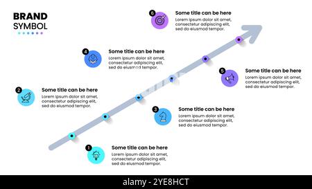 Infographic template with icons and 6 options or steps. Diagonal arrow. Can be used for workflow layout, diagram, banner, webdesign. Vector illustrati Stock Vector