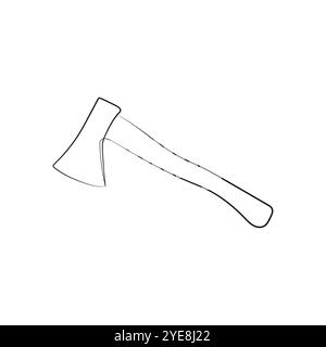 Metal ax with wooden handle. Hatchet in one line art drawing style. Equipment for woodworking, camping. Vector illustration. Stock Vector