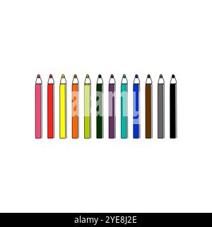 Small colored pencils laying in row. Set of crayons for art, drawing. School stuff. Isolated vector on white background. Stock Vector