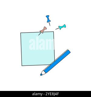Note paper, sticker with pencil and drawing pins. Education concept. Vector illustration. Stock Vector