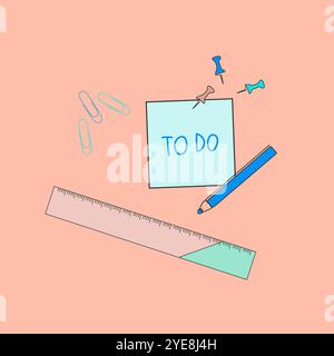 Stationery for study and work. Note paper with pencil, ruler, push pins, paperclips. School equipment. Vector illustration. Stock Vector