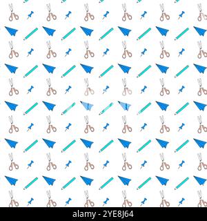 Cute school pattern with stationery stuff. Scissors, pencil, drawing pin, paper plane. Stock Vector