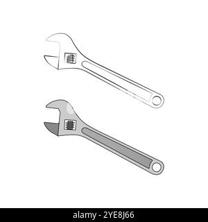 Wrench for nuts. Adjustable spanner. One line art. Tool for repair and construction. Vector illustration Stock Vector