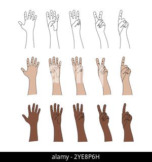 Hand gesture. Count to five on fingers. Line art. One, two, three, four, five. Pose and gesturing. Hand drawn vector illustration. Stock Vector