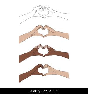 Hands showing symbol heart by fingers. One line art. Pose and gesturing. Hand drawn vector illustration. Stock Vector