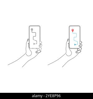 Hand holding phone, smartphone with navigation. One line art. Person holding device. Hand drawn vector illustration. Stock Vector