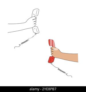 Hand holding handset of vintage landline phone. Line art. Hand drawn vector illustration. Stock Vector