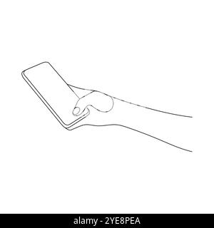 Finger touching mobile phone screen. One line art. Person holding device. Hand drawn vector illustration. Stock Vector