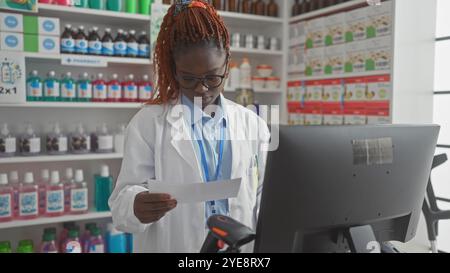 African american woman pharmacist evaluates a prescription in a modern pharmacy's interior. Stock Photo