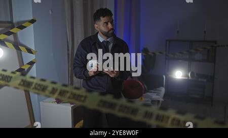 Young hispanic man with beard examines crime scene indoors, with tablet and caution tape. Stock Photo