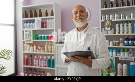 Man wearing a white coat holding a clipboard in a brightly lit pharmacy, with shelves of products and medications visible in the background Stock Photo