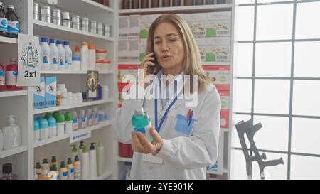 Caucasian pharmacist woman examines medication while talking on the phone in a well-stocked pharmacy. Stock Photo
