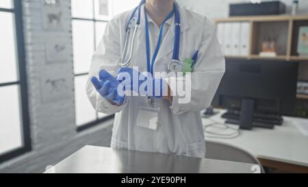 A female doctor in a clinic room preparing for an examination by putting on blue gloves, with a stethoscope around her neck. Stock Photo