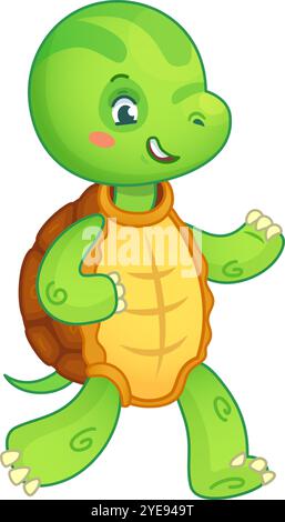 Cartoon illustration of a happy green turtle walking and winking, perfect for children s books, educational materials, and more Stock Vector