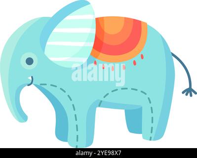 Blue elephant toy with colorful blanket on its back, a cheerful and playful illustration perfect for children s designs. The toy like design adds a Stock Vector