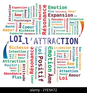 Law of Attraction in English Language - Word Cloud in Multiple Colors with Arrows - French Language Stock Vector