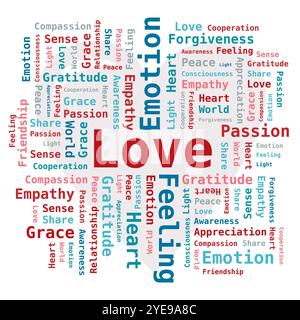 Word Cloud - Love Emotion Passion Gratitude Heart in Red Colors on White Background Stock Vector