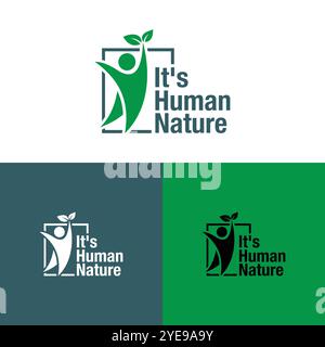 Vector logo for a healthy lifestyle with a person holding a green leaf, its human nature minimal logo design Stock Vector
