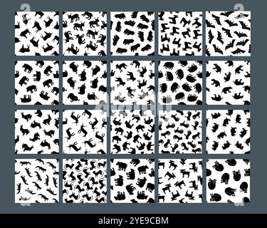 A variety of patterns featuring silhouettes of wild animals covers a white surface Stock Vector