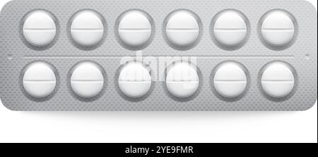 Standard pack of sixteen round white pills is lying on a white surface. The pills are contained in a silver blister pack Stock Vector