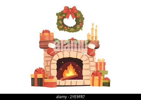 Fireplace with socks and gifts in cartoon style, Christmas. Cozy vector Stock Vector