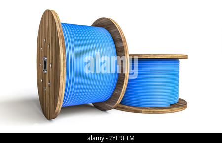Wooden cable reels with blue cable  white background 3d Stock Photo