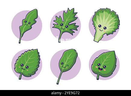 Fresh herbs set. Cute Kawaii herbs characters, leaves, branches. Vector cartoon icons illustration. Stock Vector