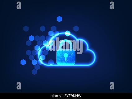 Cloud technology background inside is a lock with elements, showing the storage of data in a secure cloud system, data is stored through the internet Stock Vector