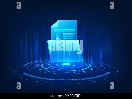Hologram image of a digital storage technology document file projected, showing a digital document file stored on a secure Internet-based server. Stock Vector