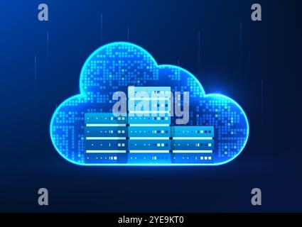 Cloud technology connected to servers shows the connection of storage space to servers, which can be accessed through the Internet network. It has a h Stock Vector