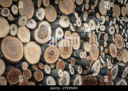 Close up of cut and stacked wooden logs. Large depth of field. 3D effect Stock Photo
