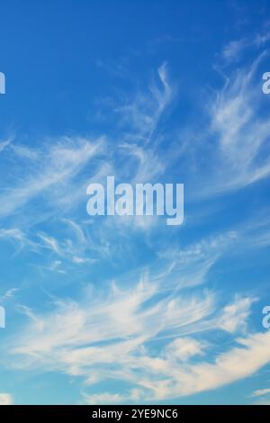A bright blue sky adorned with fluffy white clouds drifting gracefully across it paints a picturesque scene of tranquility and beauty Stock Photo