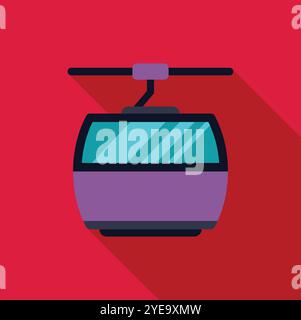 Purple cable car moving on cable against red background, transportation concept Stock Vector