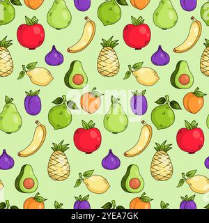 Seamless pattern with fruits tropical pineapple and banana, fig and citrus, avocado, garden apple and pear, plum and apricot on green background Stock Vector