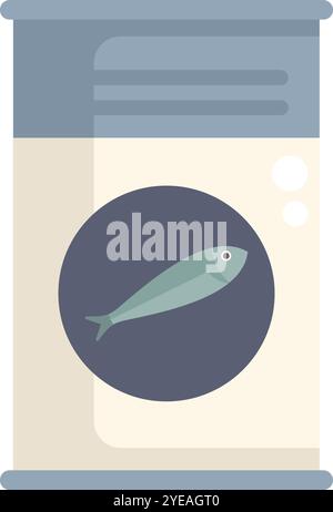 This flat style icon depicts a tin can containing a whole sardine, ideal for representing canned fish products Stock Vector