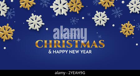 Christmas and New Year banner with 3d white and gold snowflakes on blue background. Winter holidays border vector design with text. Stock Vector