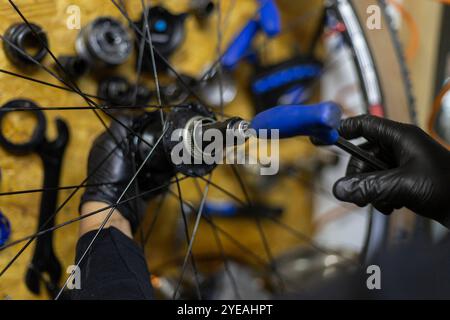 Close-up of Maintenance of the front wheel of a bicycle rim 29 Stock Photo
