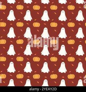 Seamless pattern halloween with cute ghost and pumpkins. Orange background. For fabric, textile, wallpaper, wrapping, kids apparel design. Cartoon vec Stock Vector