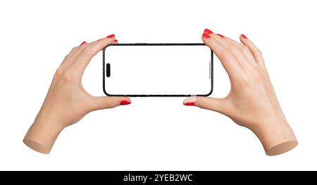 Berlin Germany July 21 2024 Womans hand holding a smartphone horizontally with a blank screen, isolated on a white background. Ideal for a mockup temp Stock Photo