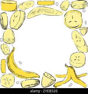 Square frame with circle inside made of Bananas and slices in graphic. Vector illustration. Suitable for printing on fabric and paper, for dishes, kit Stock Vector