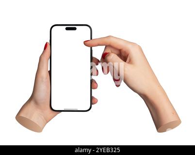 Berlin Germany July 21 2024 Womans hand holding a smartphone, finger positioned as if scrolling on the blank screen, isolated on a white background. I Stock Photo