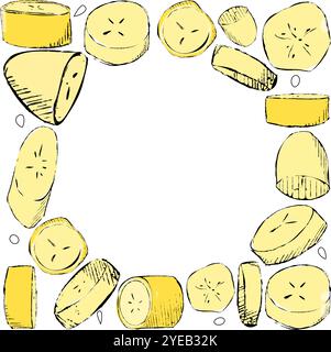 The inscription fresh banana. Banana slices in graphic in round circle frame in square. Vegan print. Vector hand-drawn illustration. Frame with fruits Stock Vector