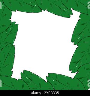 tropical leaves square border frame in graphic. Vector illustration with beautiful amazon rainforest tropic plants. Summer, travelling designs, poster Stock Vector
