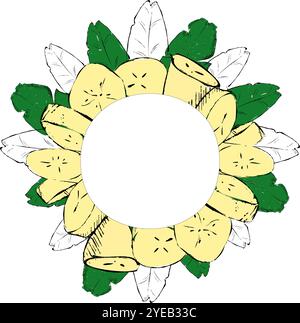 Background circle round frame with banana slices and tropical leaves green and transparent. Vector graphic illustration. Ideal for designing menus, pr Stock Vector