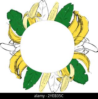 Bananas and tropical jungle leaves round circle frame isolated on white background. Graphic Seasonal colorful exotic design for poster card. Vector il Stock Vector